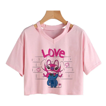 TAMBREET Y2k Disney Kawaii Lilo Stitch Funny Cartoon T Shirt Women Stitch Manga T-shirt Graphic Tshirt Streetwear Crop Top Tees Female