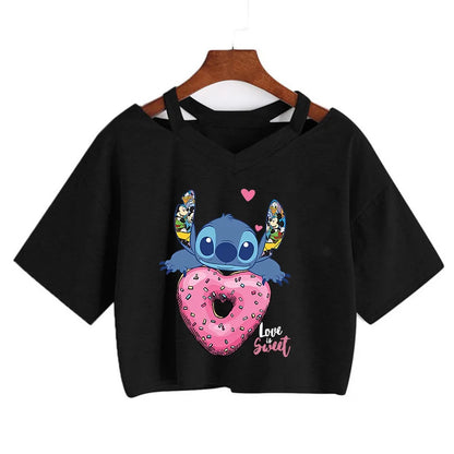 TAMBREET Y2k Disney Kawaii Lilo Stitch Funny Cartoon T Shirt Women Stitch Manga T-shirt Graphic Tshirt Streetwear Crop Top Tees Female