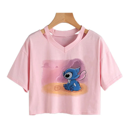 TAMBREET Y2k Disney Kawaii Lilo Stitch Funny Cartoon T Shirt Women Stitch Manga T-shirt Graphic Tshirt Streetwear Crop Top Tees Female