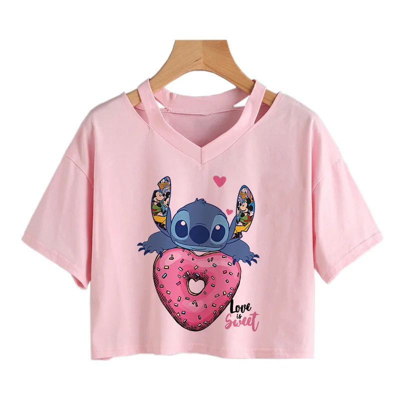 TAMBREET Y2k Disney Kawaii Lilo Stitch Funny Cartoon T Shirt Women Stitch Manga T-shirt Graphic Tshirt Streetwear Crop Top Tees Female