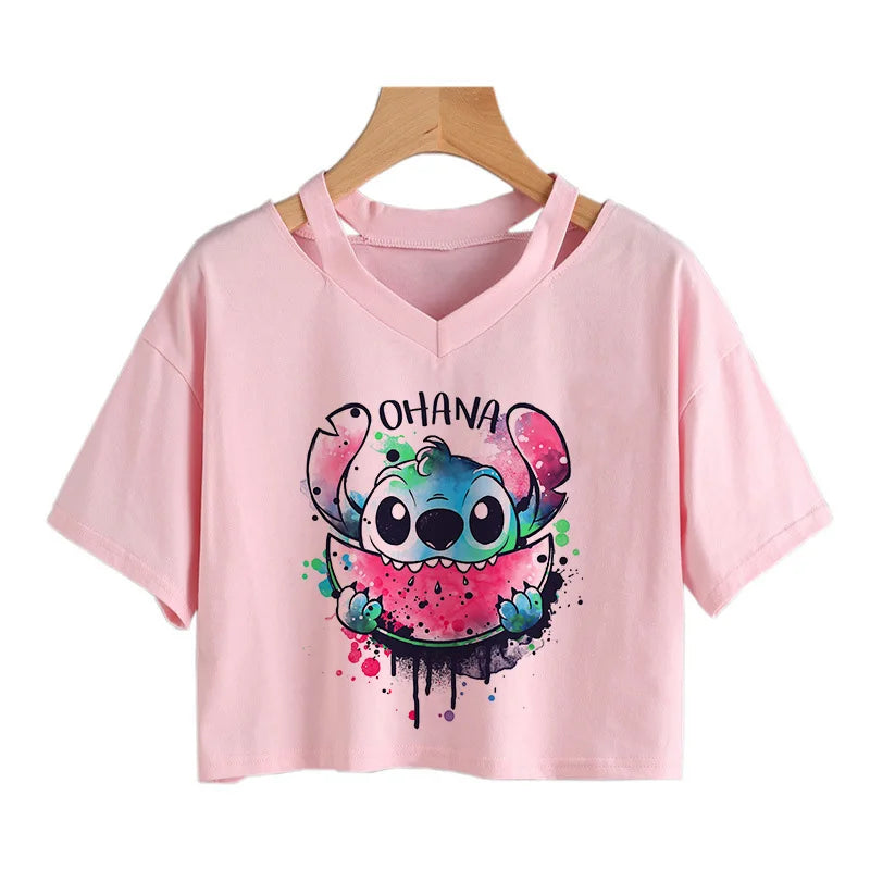 TAMBREET Y2k Disney Kawaii Lilo Stitch Funny Cartoon T Shirt Women Stitch Manga T-shirt Graphic Tshirt Streetwear Crop Top Tees Female