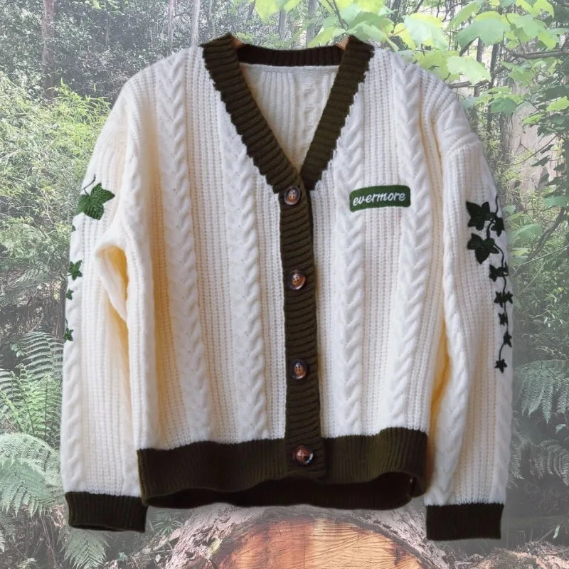 TAMBREET Y2k Loose Fitting Green Vine Embroidery Cardigans Women Autumn Women Oversize Folklore Embroidered Flowers Holiday Cardigan