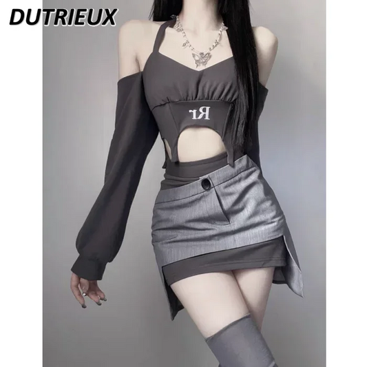 TAMBREET Y2k Millennium Hot Girl Short Halter Off-the-Shoulder Top + Asymmetric Short Skirt Outfit Female Slimming Two-Piece Suit