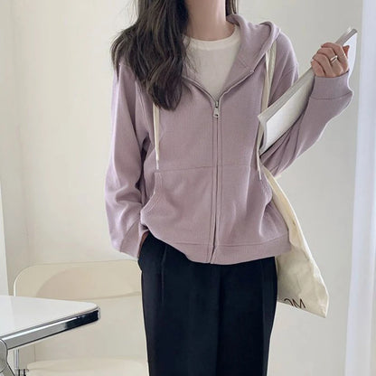 TAMBREET Y2k Purple Sweet Hooded Coats Korean Zipper Loose Long Sleeve Female Casual Jacket Autumn New Preppy Style Pockets Ladies Tops