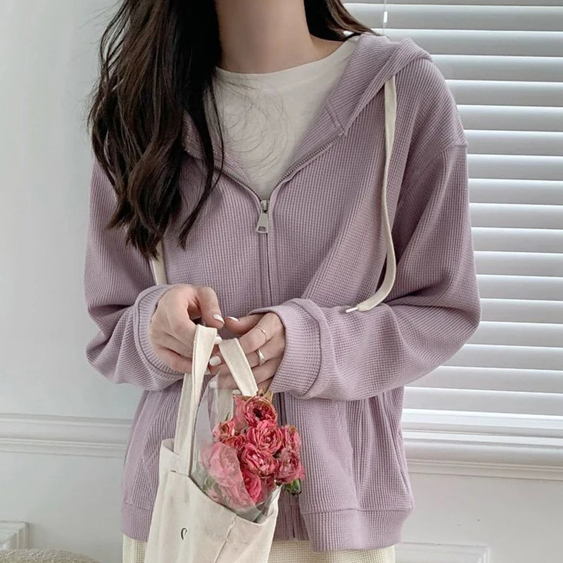 TAMBREET Y2k Purple Sweet Hooded Coats Korean Zipper Loose Long Sleeve Female Casual Jacket Autumn New Preppy Style Pockets Ladies Tops