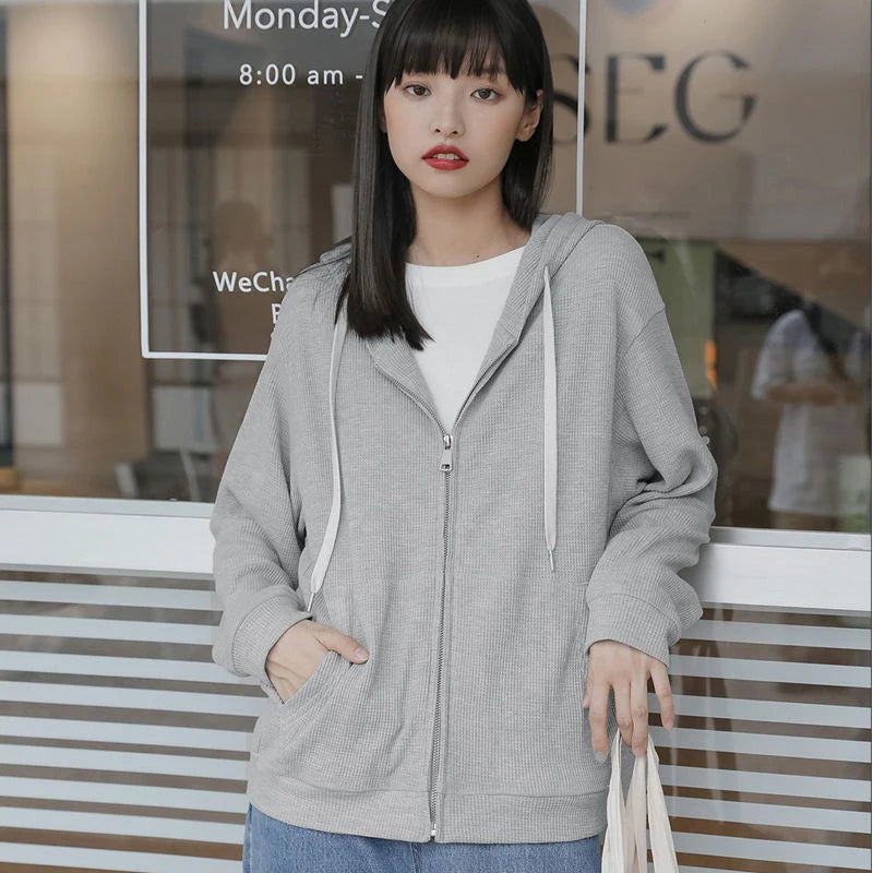 TAMBREET Y2k Purple Sweet Hooded Coats Korean Zipper Loose Long Sleeve Female Casual Jacket Autumn New Preppy Style Pockets Ladies Tops