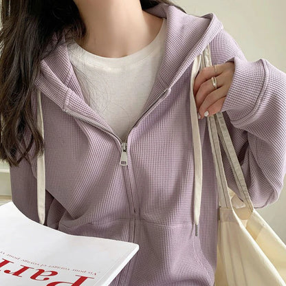 TAMBREET Y2k Purple Sweet Hooded Coats Korean Zipper Loose Long Sleeve Female Casual Jacket Autumn New Preppy Style Pockets Ladies Tops