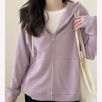 TAMBREET Y2k Purple Sweet Hooded Coats Korean Zipper Loose Long Sleeve Female Casual Jacket Autumn New Preppy Style Pockets Ladies Tops