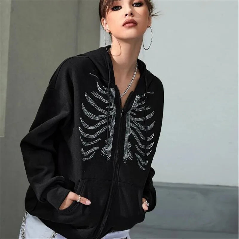 TAMBREET Y2k Rhinestone Skeleton Print Bling Girl Long Sleeve Winter Black Gothic Zipper Pocket Jacket Oversized Loose Fashion Streetwear