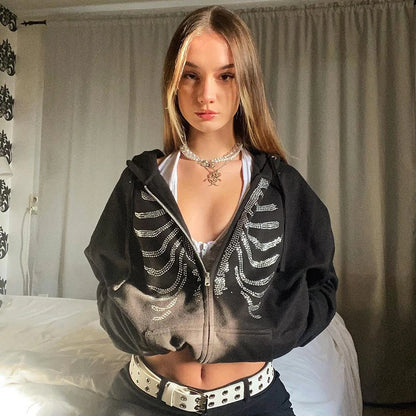 TAMBREET Y2k Rhinestone Skeleton Print Bling Girl Long Sleeve Winter Black Gothic Zipper Pocket Jacket Oversized Loose Fashion Streetwear