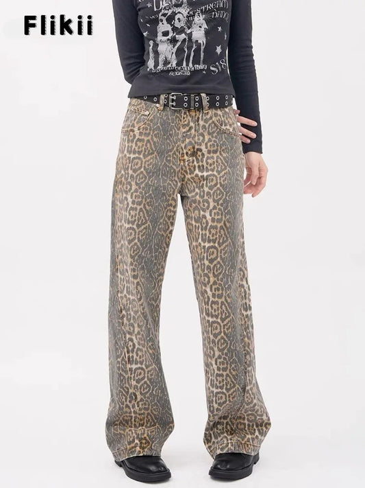 TAMBREET Y2k Vintage Leopard Print Loose Women Jeans Autumn New Classic Straight High Waist Slim Casual Fashion Female Jeans 2024 New