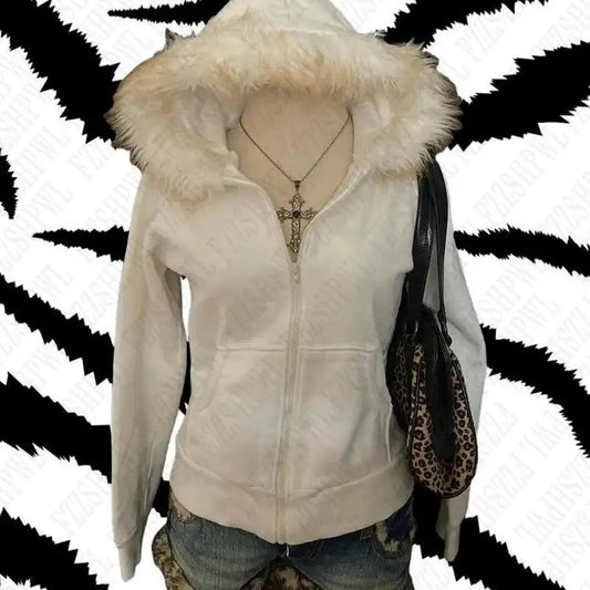 TAMBREET Y2k Women Aesthetic Harajuku Faux Fur Collar Hoodies Clothes Graphic Hip Hop Punk Gothic Zip Up Hoodies Streetwear Jackets EGirl