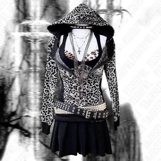 TAMBREET Y2k Women Graphic Punk Gothic Hoodies Clothes Harajuku Leopard Print Zip Up Hoodies Vintage High Street Fashion Streetwear EGirl