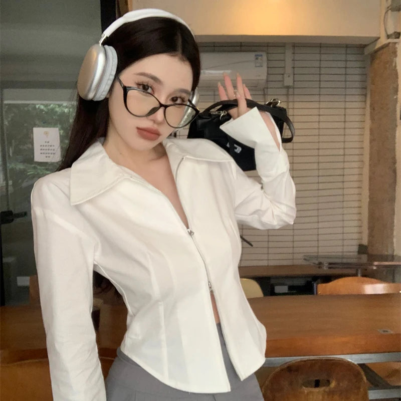 TAMBREET Y2k Zippers Women Shirts Korean Sweet White Slim Long Sleeve Female Blouse Autumn New Chic Office All Match Ladies Crop Tops