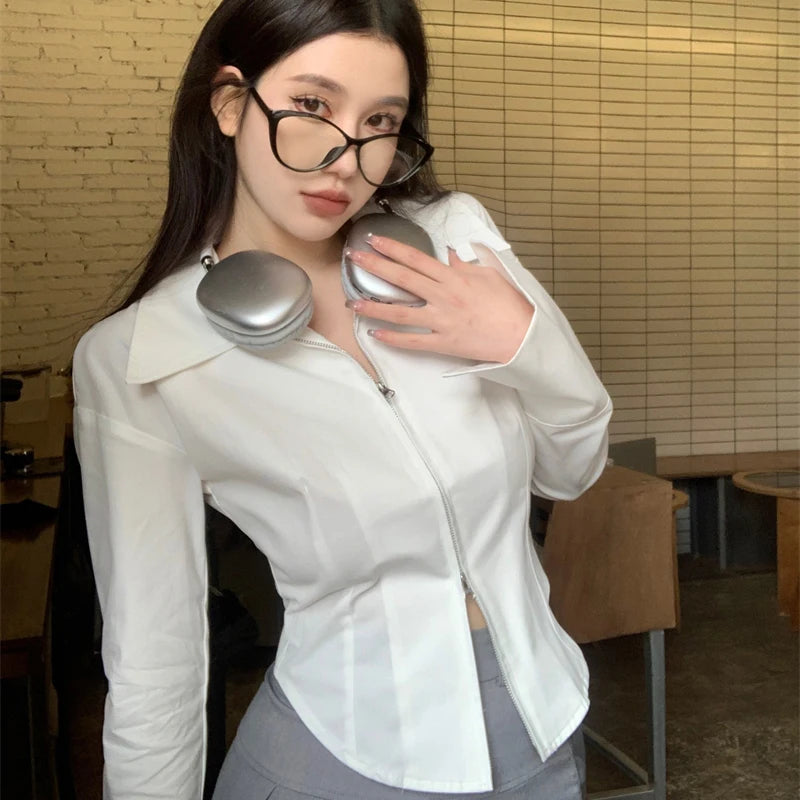 TAMBREET Y2k Zippers Women Shirts Korean Sweet White Slim Long Sleeve Female Blouse Autumn New Chic Office All Match Ladies Crop Tops