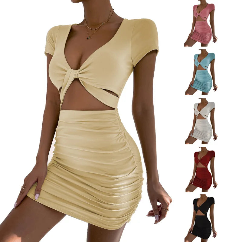 TAMBREET Y2k2024 Summer New Short sleeved Sexy V-neck Open Waist Hollow Wrapped Hip Dress