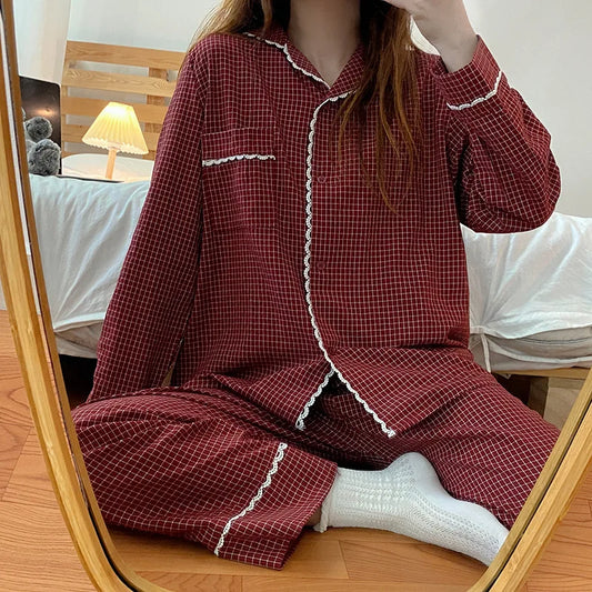 TAMBREET Yasuk 2024Spring Autumn Fashion Women's Casual Lovely Plaid Sleepwear Nightgow Retro Pajamas Set With Pants Trouser NewYear Soft