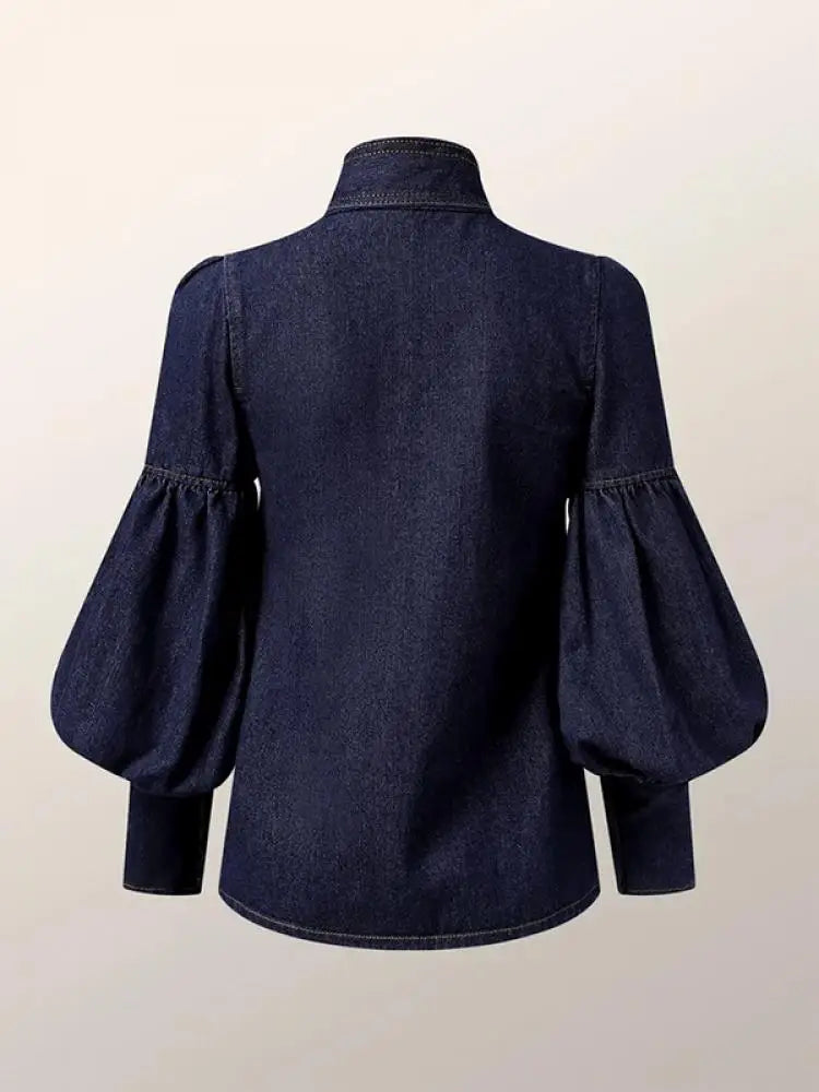 TAMBREET Yeezzi 2024 New Korean Fashion Imitation Denim Puff Sleeves Bow-Embellished Blouses Women Spring Autumn High Neck Shirts Tops