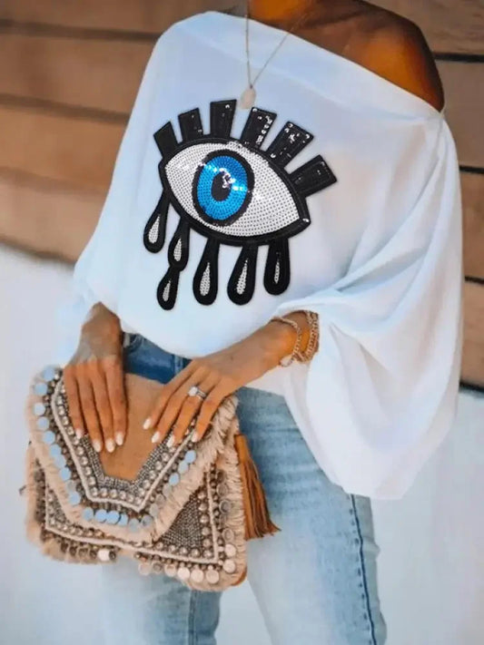 TAMBREET Yeezzi Female Fashion Causal Blue Eye Applique Cool Shoulder T-Shirts 2024 New Loose Long Puff Sleeves White Tops For Women