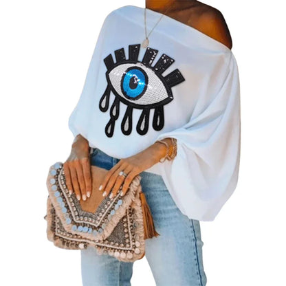 TAMBREET Yeezzi Female Fashion Causal Blue Eye Applique Cool Shoulder T-Shirts 2024 New Loose Long Puff Sleeves White Tops For Women