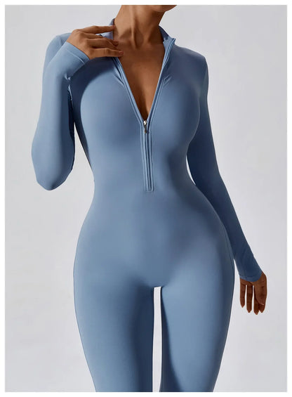 TAMBREET Yoga Jumpsuit Women Seamless Sports Zipper Jumpsuit Set Gym Long Sleeve Fitness Suit Elastic Gym Workout Bodysuit Athletic Wear