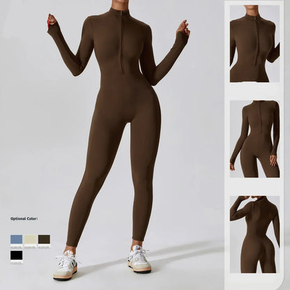 TAMBREET Yoga Jumpsuit Women Seamless Sports Zipper Jumpsuit Set Gym Long Sleeve Fitness Suit Elastic Gym Workout Bodysuit Athletic Wear