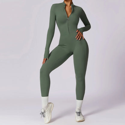 TAMBREET Yoga Jumpsuit Women Seamless Sports Zipper Jumpsuit Set Gym Long Sleeve Fitness Suit Elastic Gym Workout Bodysuit Athletic Wear