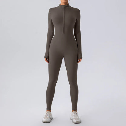 TAMBREET Yoga Jumpsuit Women Seamless Sports Zipper Jumpsuit Set Gym Long Sleeve Fitness Suit Elastic Gym Workout Bodysuit Athletic Wear