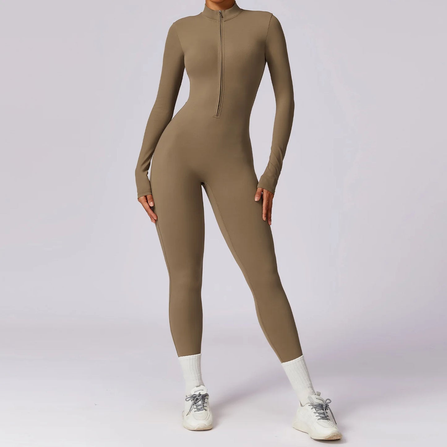 TAMBREET Yoga Jumpsuit Women Seamless Sports Zipper Jumpsuit Set Gym Long Sleeve Fitness Suit Elastic Gym Workout Bodysuit Athletic Wear