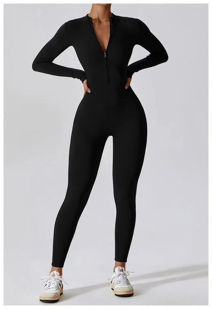 TAMBREET Yoga Jumpsuit Women Seamless Sports Zipper Jumpsuit Set Gym Long Sleeve Fitness Suit Elastic Gym Workout Bodysuit Athletic Wear