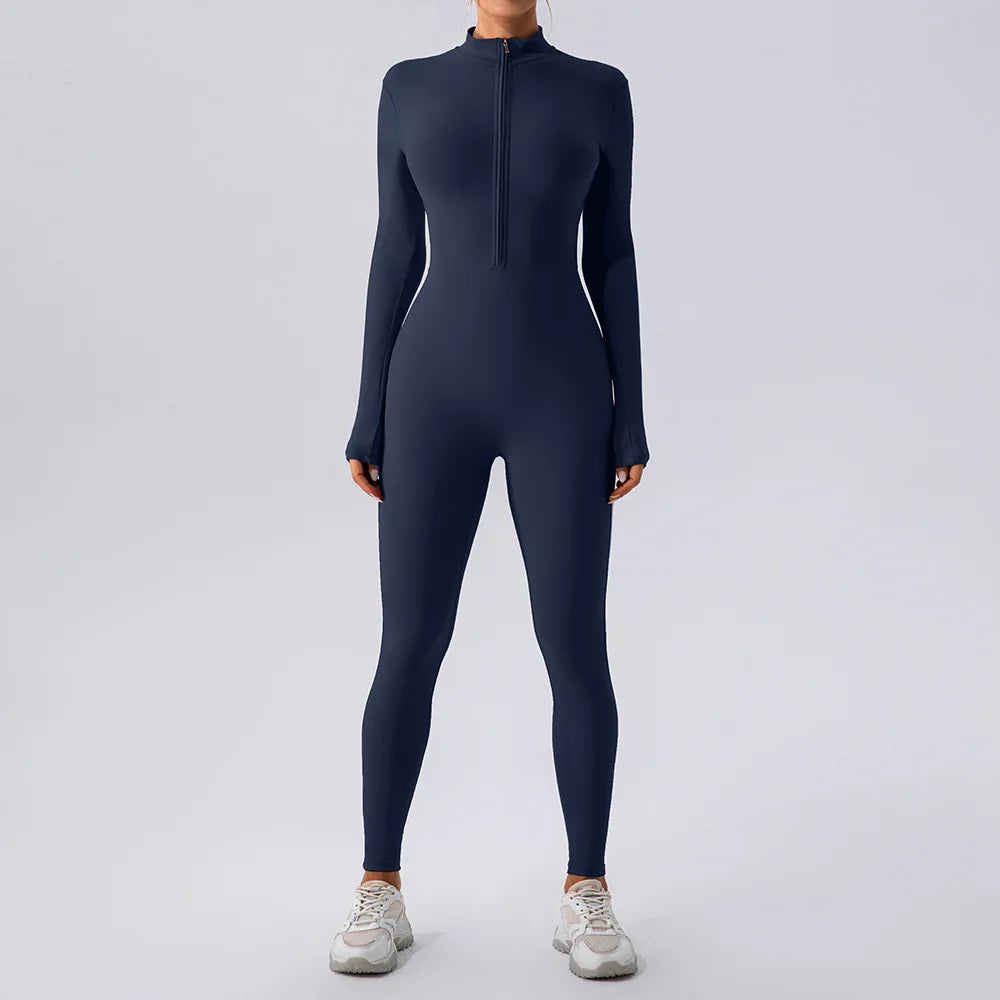 TAMBREET Yoga Jumpsuit Women Seamless Sports Zipper Jumpsuit Set Gym Long Sleeve Fitness Suit Elastic Gym Workout Bodysuit Athletic Wear