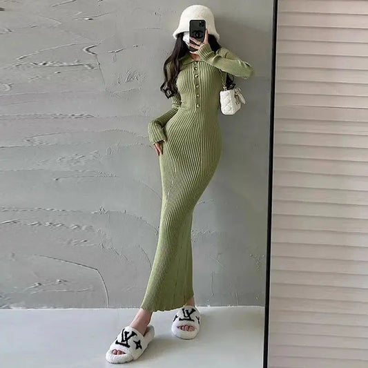 TAMBREET YoungGirlDay Pure Desire Style Sexy Slimming Slimming Flip Collar Long Sleeve Knitted Butt Wrapping Fish Tail Dress Long Skirt