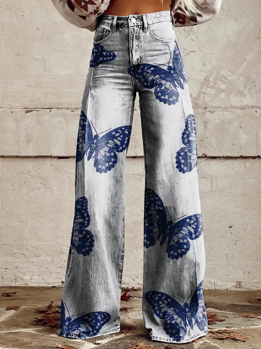 TAMBREET Youth Butterfly Ladies Micro Flared Pants 3D Printed Jeans Fashion New Retro Flower Pattern Women's Flared Pants Wide Leg