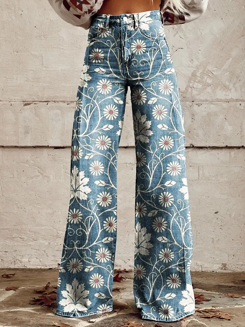 TAMBREET Youth Butterfly Ladies Micro Flared Pants 3D Printed Jeans Fashion New Retro Flower Pattern Women's Flared Pants Wide Leg