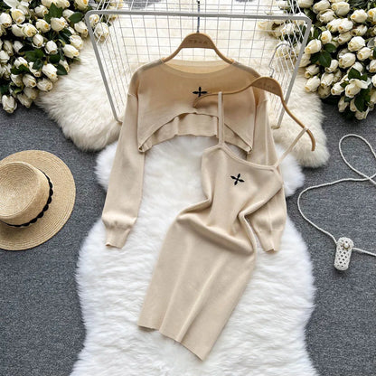 TAMBREET YuooMuoo Autumn Women Dress Set Fashion Y2K Knitted Spaghetti Strap Mini Dress + Full Sleeve Crop Top Streetwear Two Piece Suits