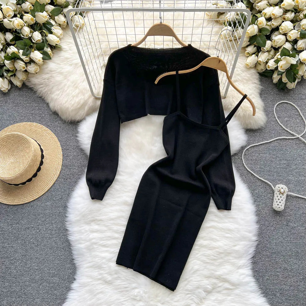 TAMBREET YuooMuoo Autumn Women Dress Set Fashion Y2K Knitted Spaghetti Strap Mini Dress + Full Sleeve Crop Top Streetwear Two Piece Suits