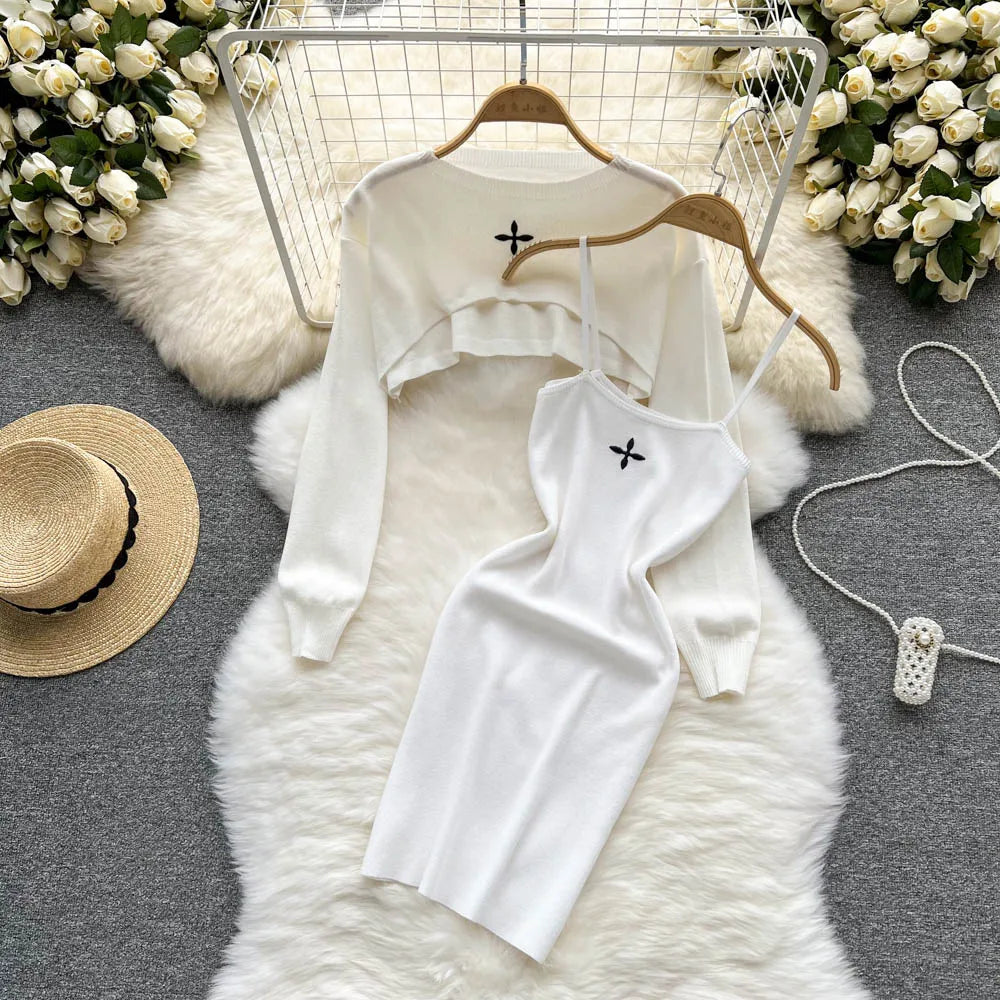 TAMBREET YuooMuoo Autumn Women Dress Set Fashion Y2K Knitted Spaghetti Strap Mini Dress + Full Sleeve Crop Top Streetwear Two Piece Suits