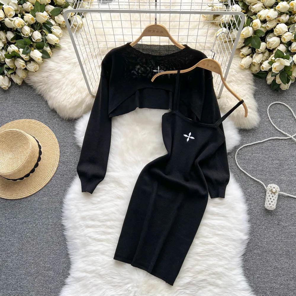 TAMBREET YuooMuoo Autumn Women Dress Set Fashion Y2K Knitted Spaghetti Strap Mini Dress + Full Sleeve Crop Top Streetwear Two Piece Suits