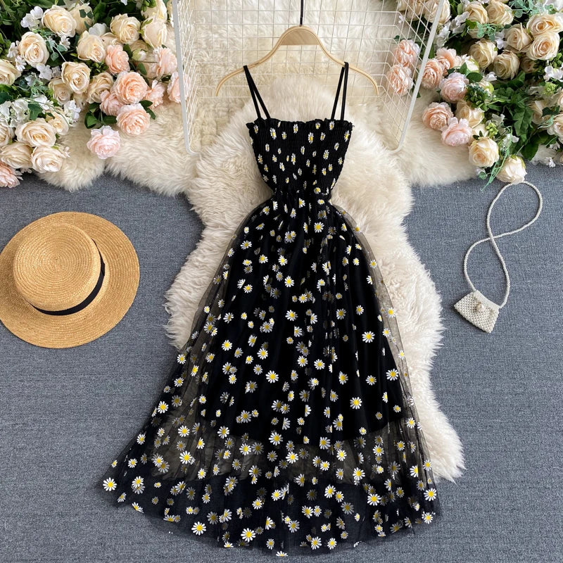 TAMBREET YuooMuoo Black Women Dress Basic Floral Print Spaghetti Strap Long Dress Korean Sundress