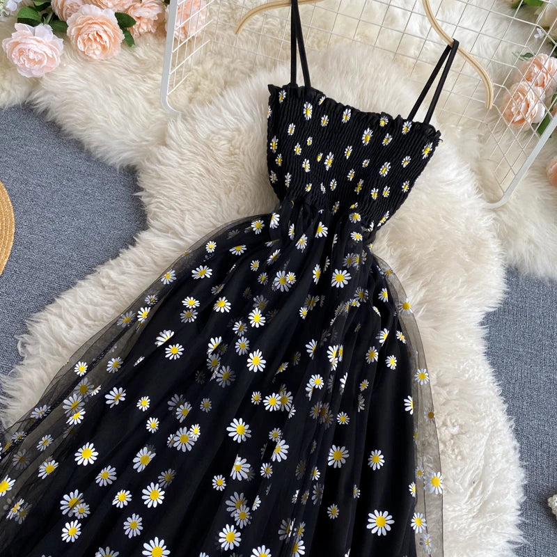 TAMBREET YuooMuoo Black Women Dress Basic Floral Print Spaghetti Strap Long Dress Korean Sundress