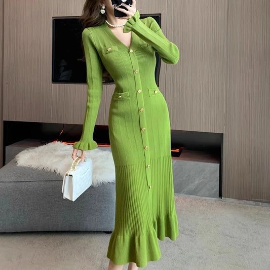 TAMBREET YuooMuoo Brand Fashion Autumn Winter Knitted Long Dress French Style Letter Buttons Elegant Sweater Dress Lady Office Bodycon