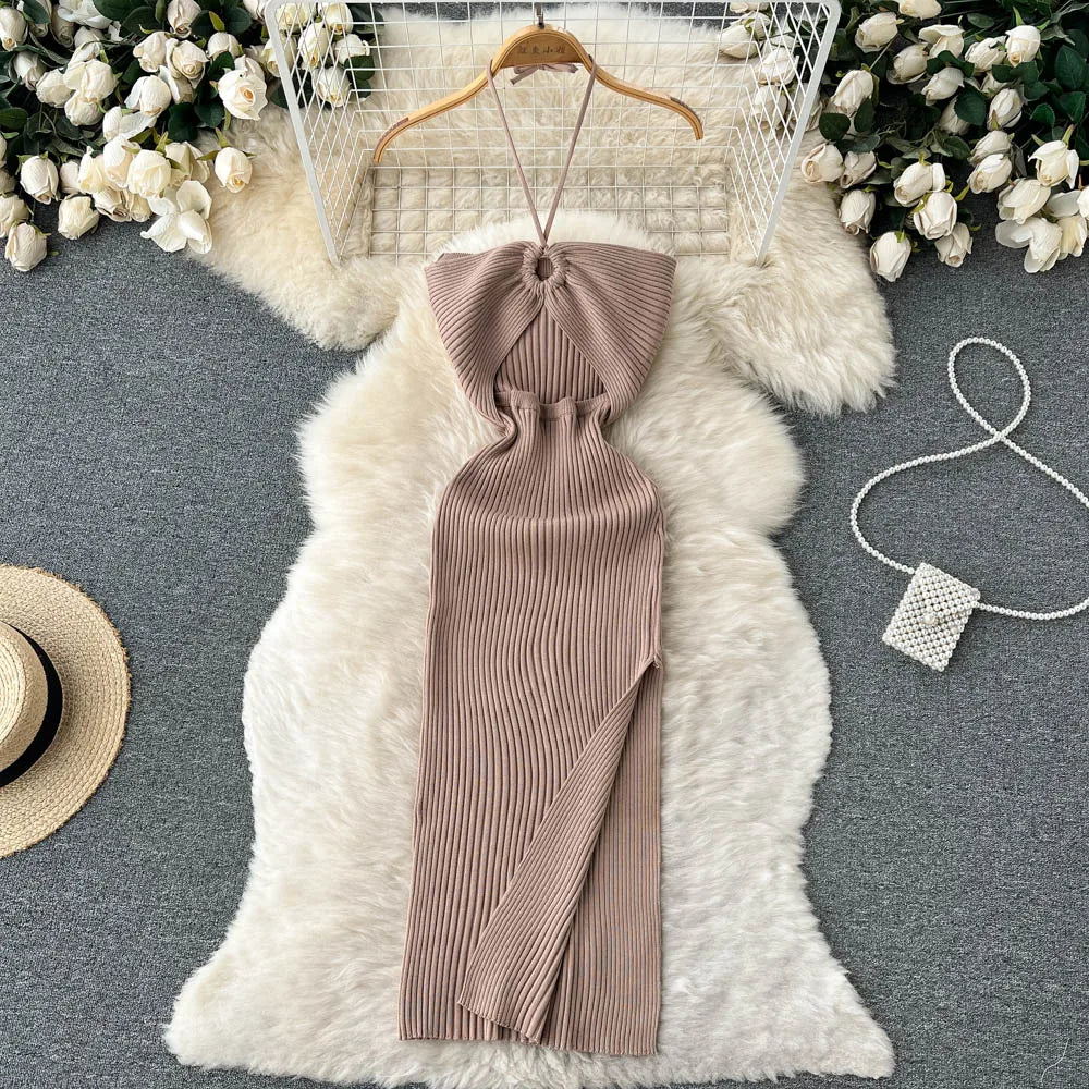 TAMBREET YuooMuoo Chic Fashion Sexy Package Hips Split Knitted Summer Dress Women Slim Elastic Bodycon Party Dress Streetwear Outfits