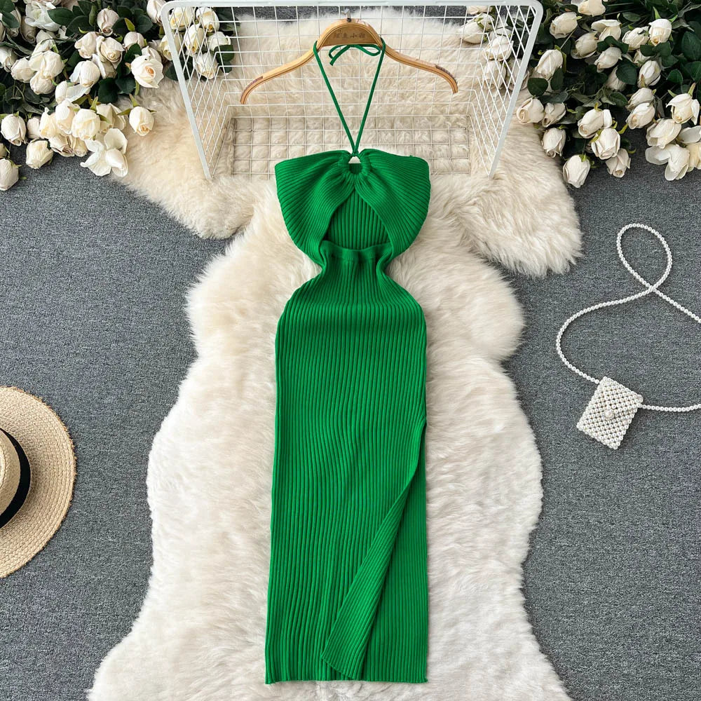 TAMBREET YuooMuoo Chic Fashion Sexy Package Hips Split Knitted Summer Dress Women Slim Elastic Bodycon Party Dress Streetwear Outfits