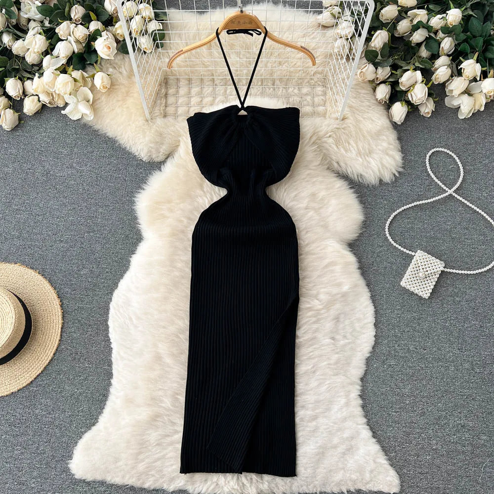 TAMBREET YuooMuoo Chic Fashion Sexy Package Hips Split Knitted Summer Dress Women Slim Elastic Bodycon Party Dress Streetwear Outfits