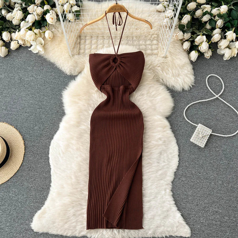 TAMBREET YuooMuoo Chic Fashion Sexy Package Hips Split Knitted Summer Dress Women Slim Elastic Bodycon Party Dress Streetwear Outfits