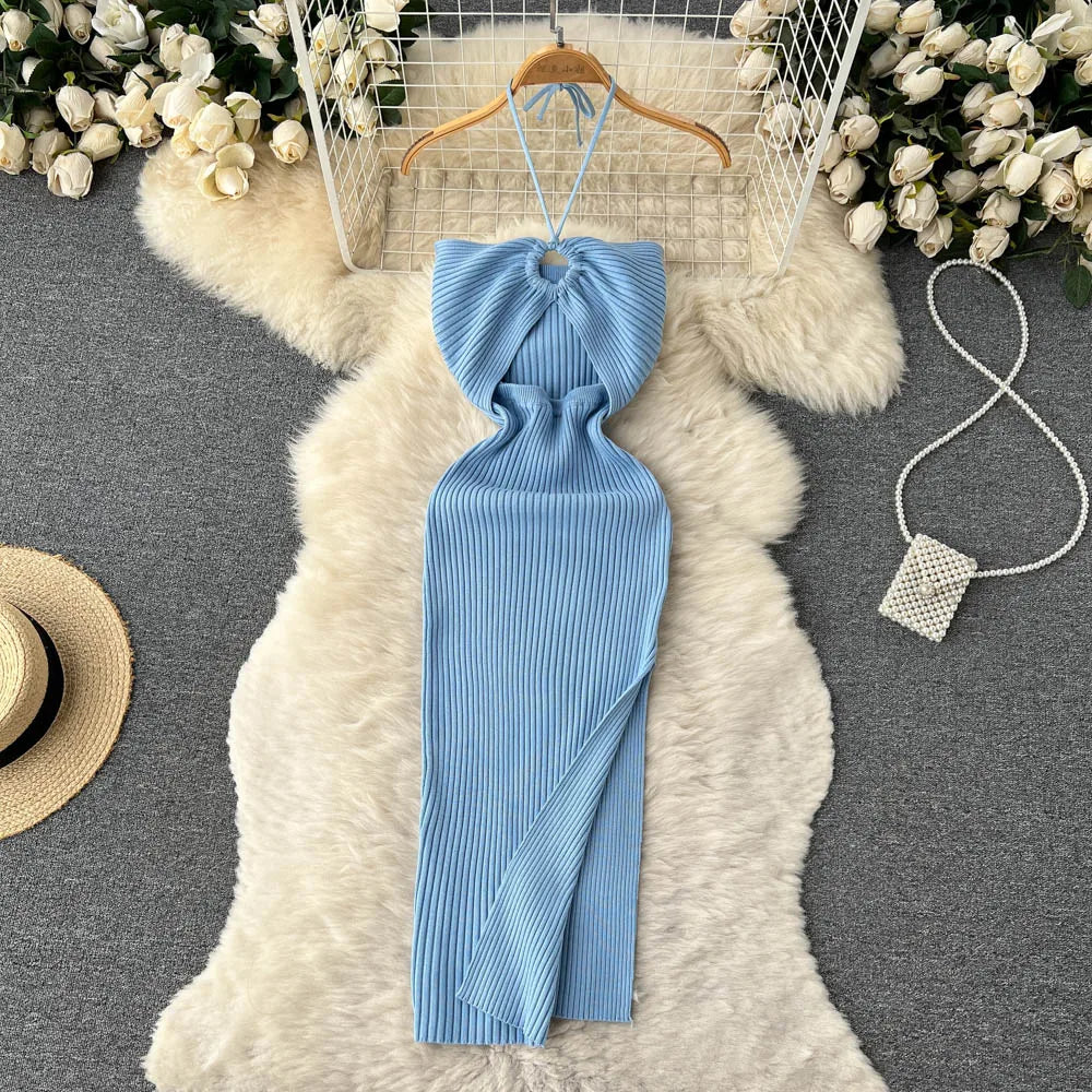 TAMBREET YuooMuoo Chic Fashion Sexy Package Hips Split Knitted Summer Dress Women Slim Elastic Bodycon Party Dress Streetwear Outfits