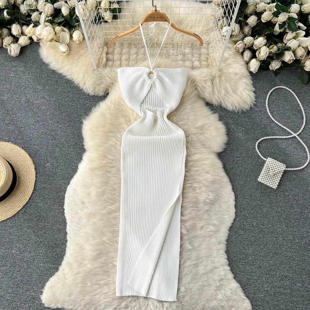 TAMBREET YuooMuoo Chic Fashion Sexy Package Hips Split Knitted Summer Dress Women Slim Elastic Bodycon Party Dress Streetwear Outfits