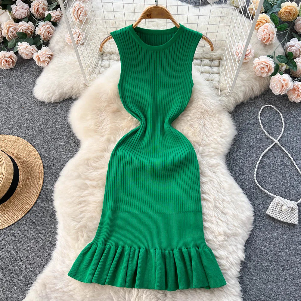 TAMBREET YuooMuoo Early Autumn Sexy Package Hips Ruffles Mini Dress Summer Fashion Y2K Knitted Bodycon Ladies Dress Korean Party Vestidos