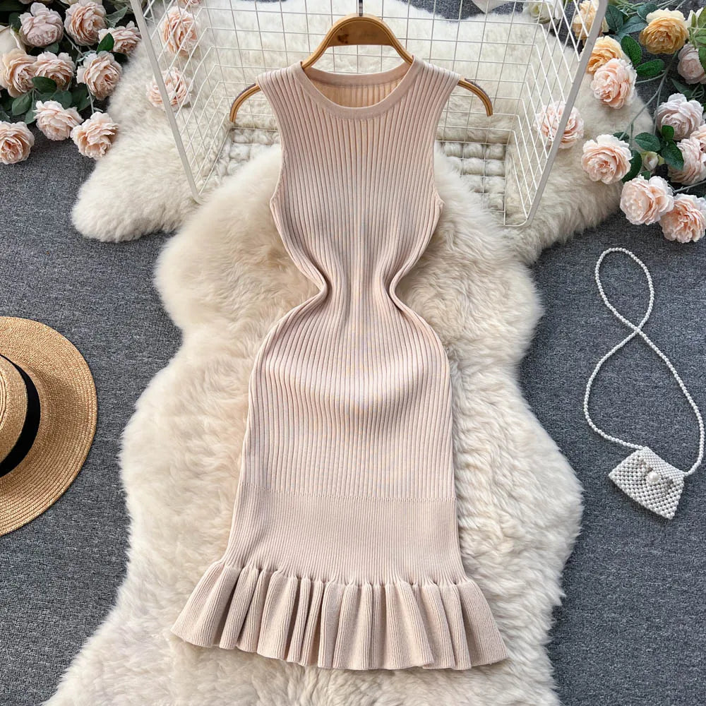 TAMBREET YuooMuoo Early Autumn Sexy Package Hips Ruffles Mini Dress Summer Fashion Y2K Knitted Bodycon Ladies Dress Korean Party Vestidos