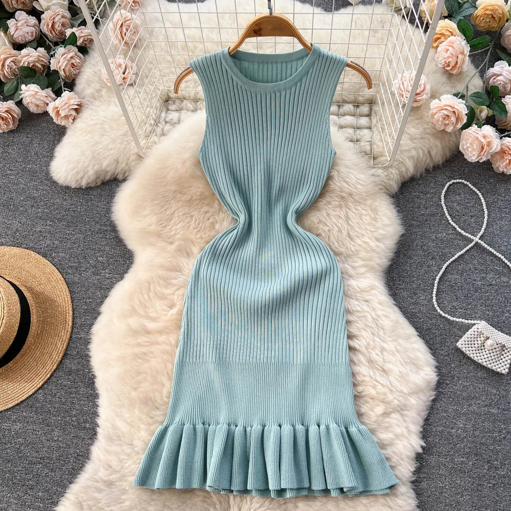 TAMBREET YuooMuoo Early Autumn Sexy Package Hips Ruffles Mini Dress Summer Fashion Y2K Knitted Bodycon Ladies Dress Korean Party Vestidos